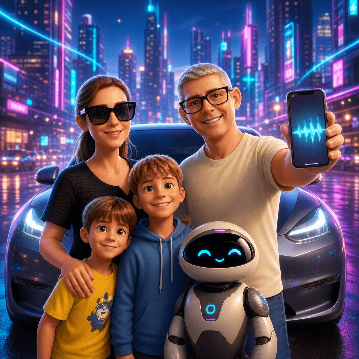 La familia reunida con Mike y su coche